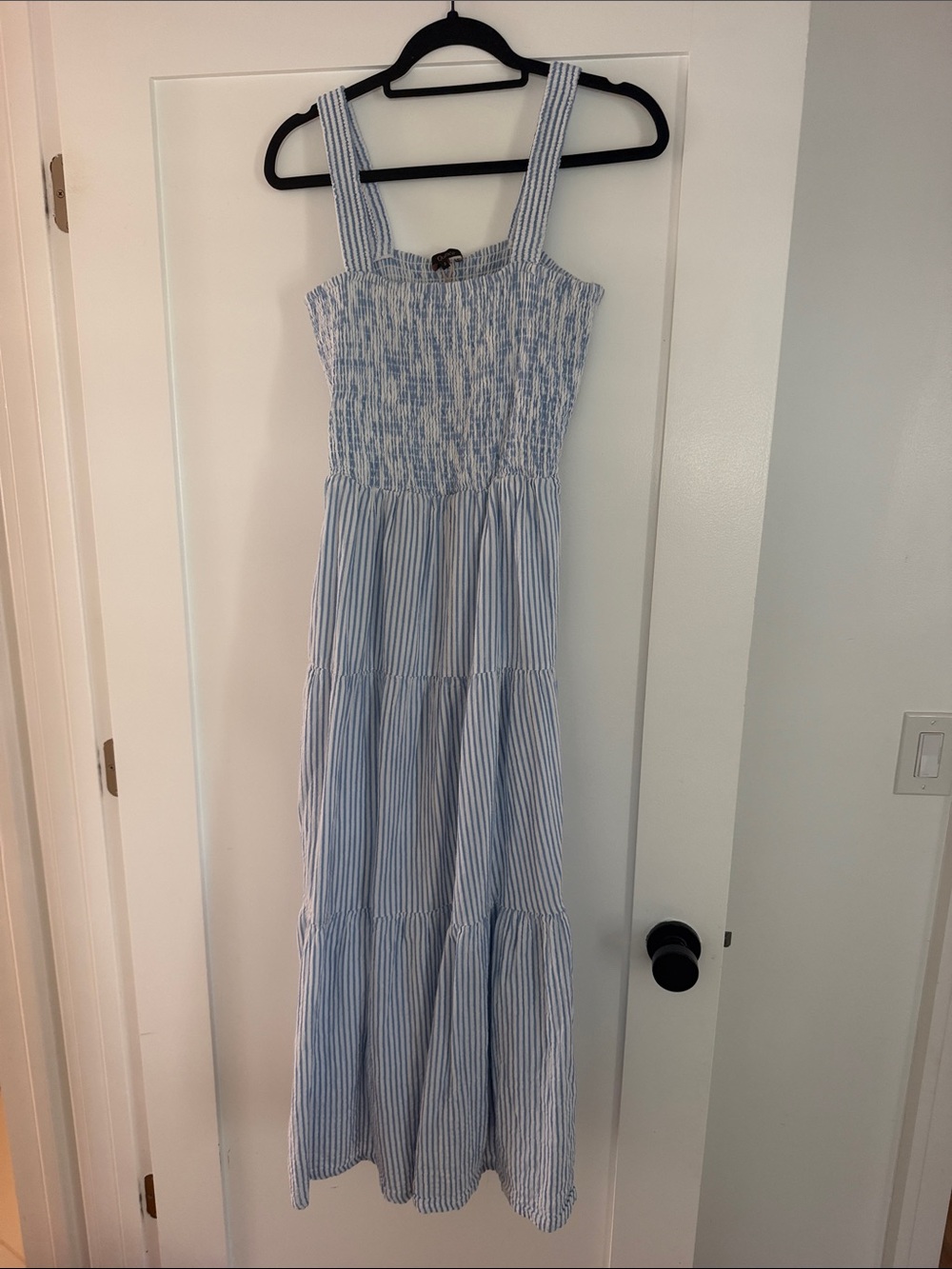Quince Blue and White Striped Smocked Maxi Dress